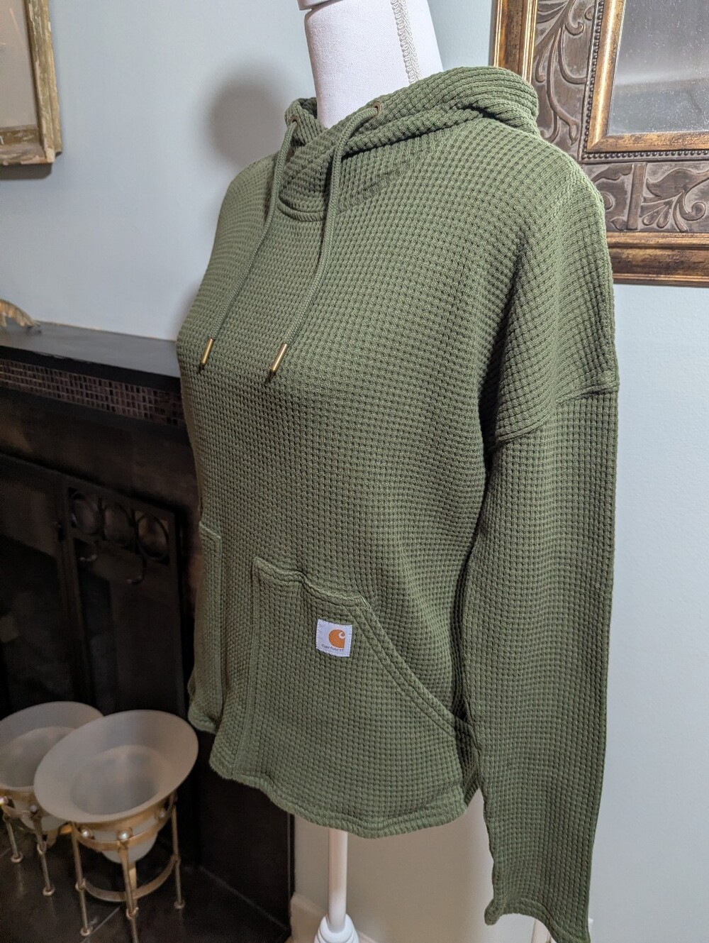 Carhartt Relaxed Fit Waffle Knit Thermal Hoodie Shirt Olive Pockets Wmns Small - Picture 4 of 10